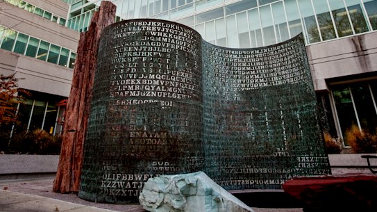 Kryptos, a sculpture in a courtyard at the headquarters of the Central Intelligence Agency in Langley, Virginia.