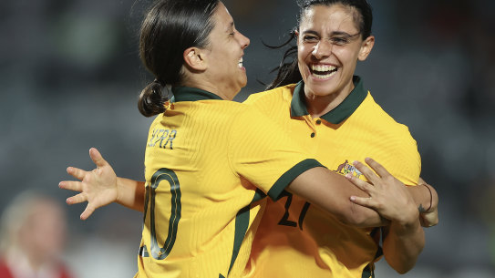 Sam Kerr celebrates a goal with Alex Chidiac during Australia’s 4-0 thumping of Czechia on Thursday night.