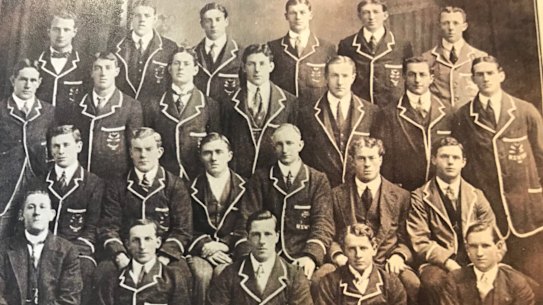 The 1913 Australian rugby team lost six players in battle. Third row: Bryan Hughes (far left), Fred Thompson (second left), Wallach (fourth left), Hughes (far right)
In second row: Tasker (far right). Absent: Herbert Jones. The other four – , , Clarence ‘Dos’ Wallach and William ‘Twit’ Tasker