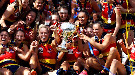 ADELAIDE, AUSTRALIA - APRIL 09: The Adelaide Crows pose for their premiership photo during the