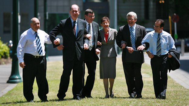 L-R: Tim Pallas, Richard Wynne, Daniel Andrews, Lisa Neville, Joe Helper and James Merlino link arms after joining the Labor frontbench in 2006.