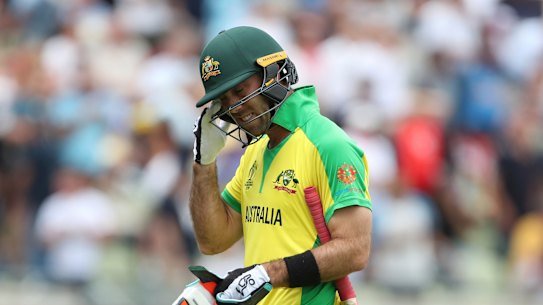 Glenn Maxwell leaves the field after his dismissal in the heavy loss to England.