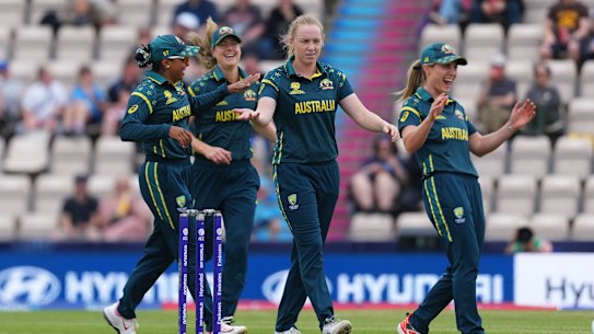 Australia celebrates a wicket during their 98 run win over the Netherlands.