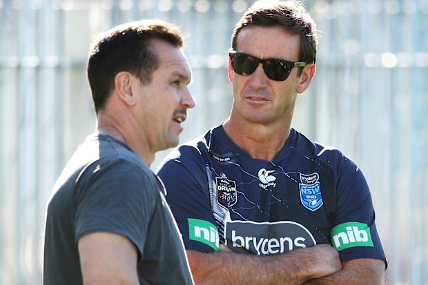 Matthew Johns and Andrew Johns catch up in NSW camp in 2018.