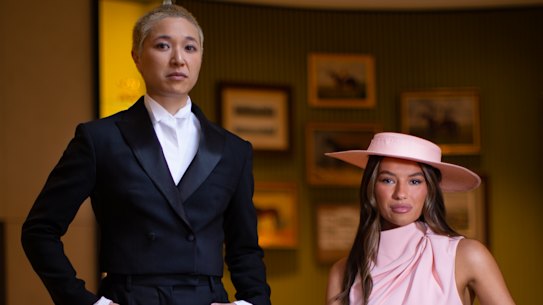 Writer Jess Ho in an E Nolan suit and VRC ambassador Demi Brereton celebrating the changing dress code at Flemington for Fashions on the Field.