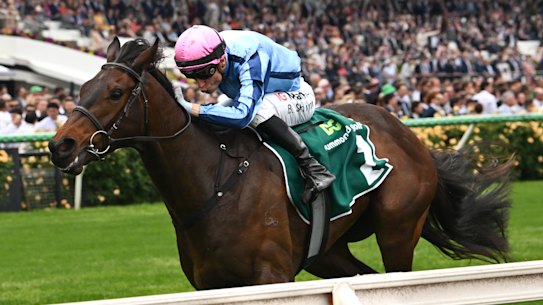 Blake Shinn riding True Rebel to a win in race three on Cox Plate day.