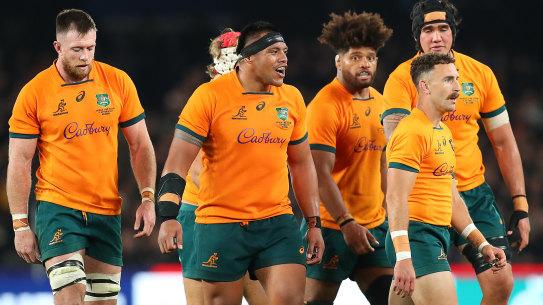 Allan Ala’alatoa and the Wallabies forwards in Melbourne, with halfback Nic White.