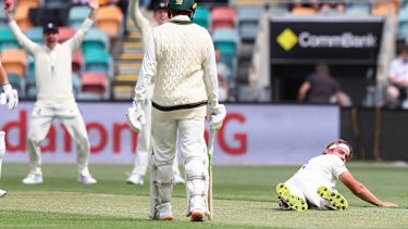 Broad hits the deck on the first ball of the Test. 