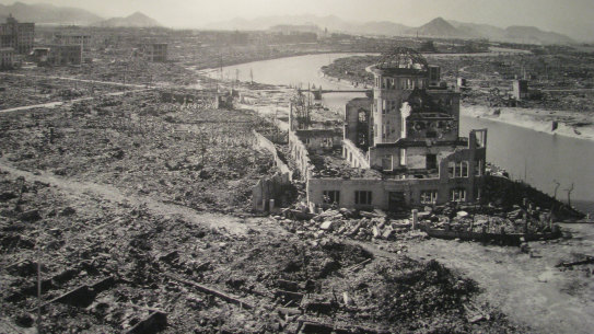 "Sixty per cent of the city, which is bigger than Brisbane, was completely destroyed."  The former Hiroshima Prefectural Industrial Promotion Hall after the explosion of August 6, 1945.