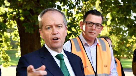 Bill Shorten, left, and Victorian Premier Daniel Andrews (right) announcing $2b for Melbourne's Metro Tunnel on Friday.