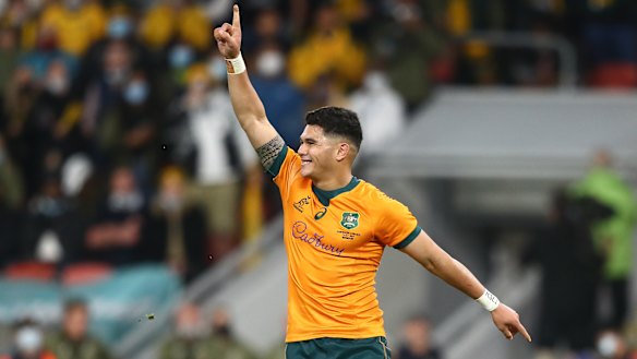 Noah Lolesio after kicking a match-winning penalty in Brisbane. 