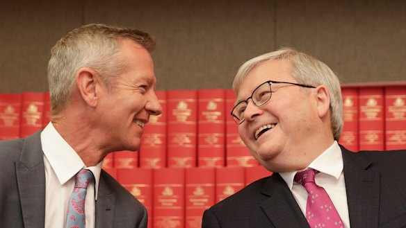 Former prime minister Kevin Rudd with Peter Hartcher at the launch of his Quarterly Essay on at Parliament House on Tuesday.
