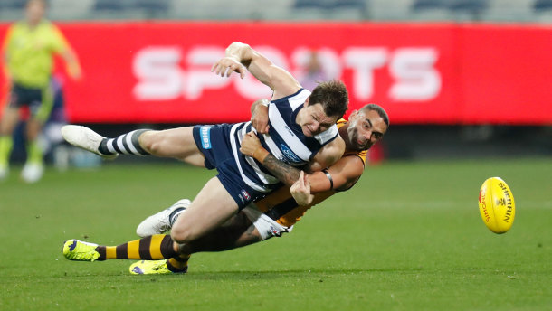 Shaun Burgoyne was fined, not suspended, for this tackle on Patrick Dangerfield in mid-2020.