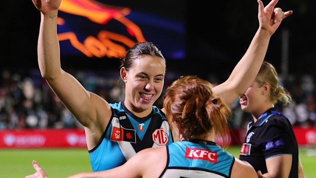 Indy Tahau and Katelyn Pope after the Power’s win over their local rivals.