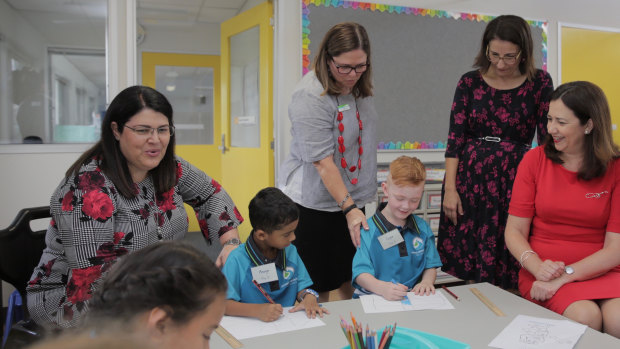 Queensland Premier Annastacia Palaszczuk and Education Minister Grace Grace with students at Spring Mountain State School near Springwood.