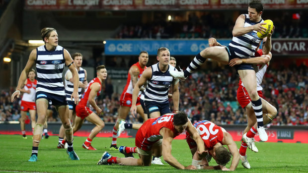 The 1886 grand finalists, South Melbourne, now the Sydney Swans, and Geelong, play at the Sydney Cricket Ground in July 2018.