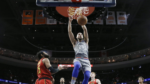 Doing what he does best: Ben Simmons dunks against the Hawks.