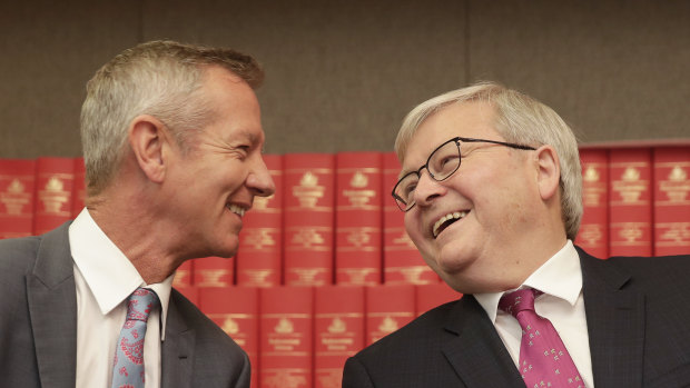 Former prime minister Kevin Rudd with Peter Hartcher at the launch of his Quarterly Essay on at Parliament House on Tuesday.
