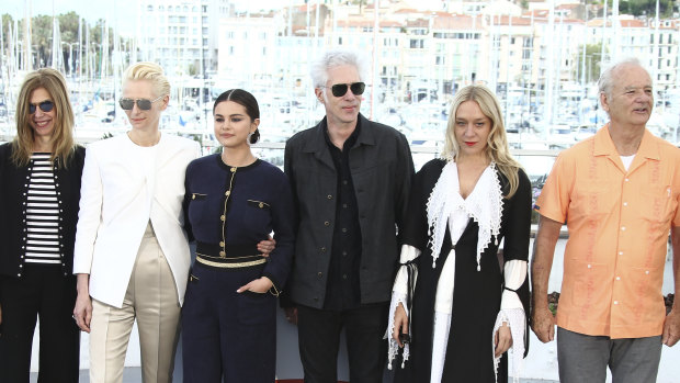 From left, Sara Driver, Tilda Swinton, Selena Gomez, Jim Jarmusch, Chloe Sevigny and Bill Murray at the photo call for The Dead Don't Die at the 72nd Cannes Film Festival. 