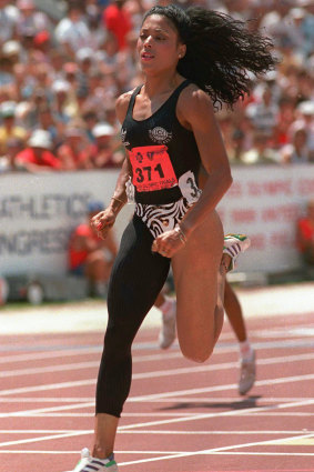 Florence Griffith-Joyner runs at the US track and field trials in 1988.