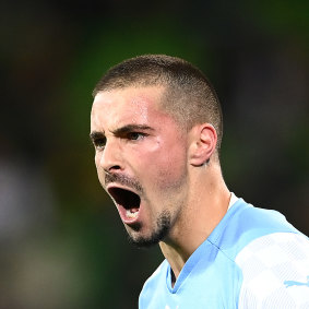 Golden Boot winner Jamie Maclaren celebrates scoring for Melbourne City.