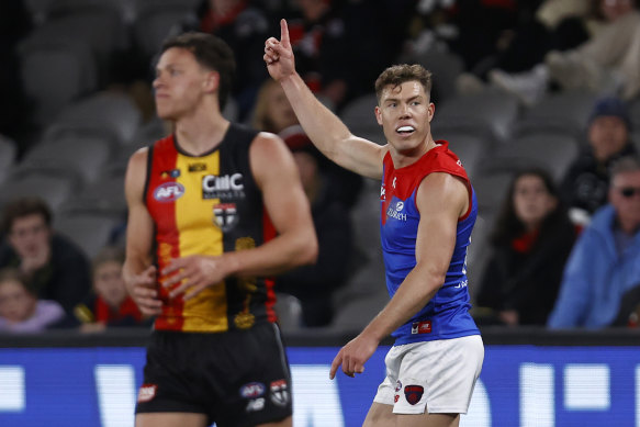 Jake Melksham enjoys a goal for the Dees.