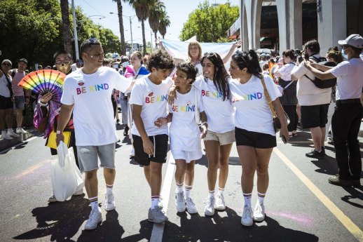George, centre, and father Costas, brother Peter, sister Elle and mother Roslyn, with the Kind is Cool clothing group in Pride March.