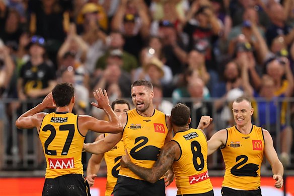 Jesse Hogan of Western Australia celebrates a goal.