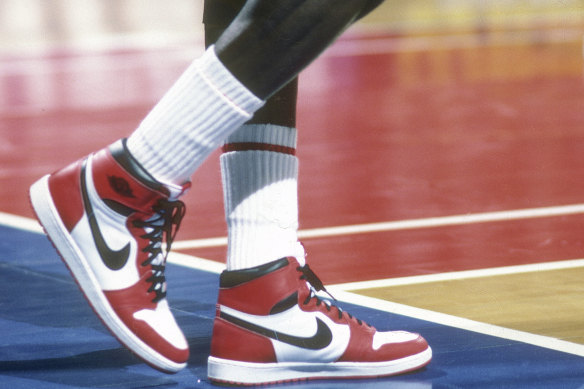 Michael Jordan of the Chicago Bulls sports Nike Air Jordan 1 shoes circa 1985 in Landover, Maryland.