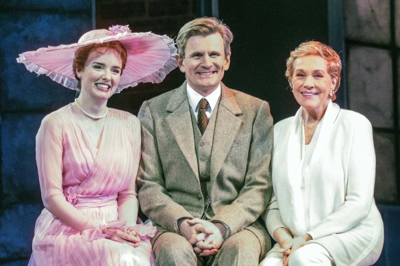 Dame Julie Andrews (right) with Anna O’Byrne and Charles Edwards as Eliza Doolittle and Henry Higgins.