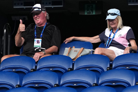Grandparents Glynn and Cherilyn Hewitt watching Cruz Hewitt (AUS) practice on Rod Laver Arena.
