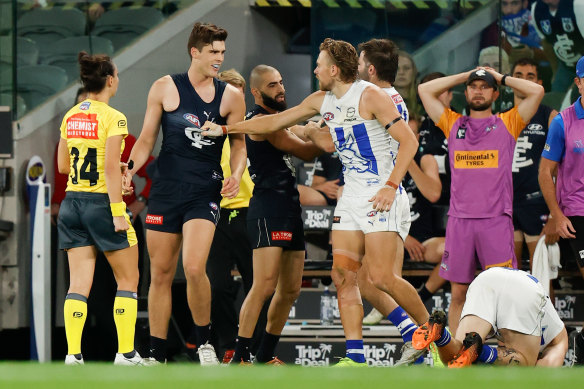 North’s Hugh Greenwood remonstrates with Lewis Young as Cameron Zurhaar lies on the ground.