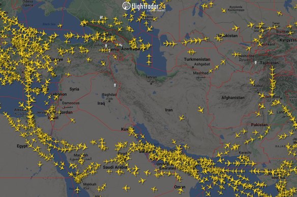 An image from Flight Radar 24 shows aircraft avoiding the airspace over Iran in the wake of missile attacks.