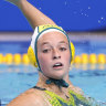 TOKYO, JAPAN - AUGUST 03: Abby Andrews of Team Australia is defended by Anastasia Fedotova of Team ROC during the Women’s Quarterfinal match between Australia and Team ROC on day eleven of the Tokyo 2020 Olympic Games at Tatsumi Water Polo Centre on August 03, 2021 in Tokyo, Japan. (Photo by Harry How/Getty Images)