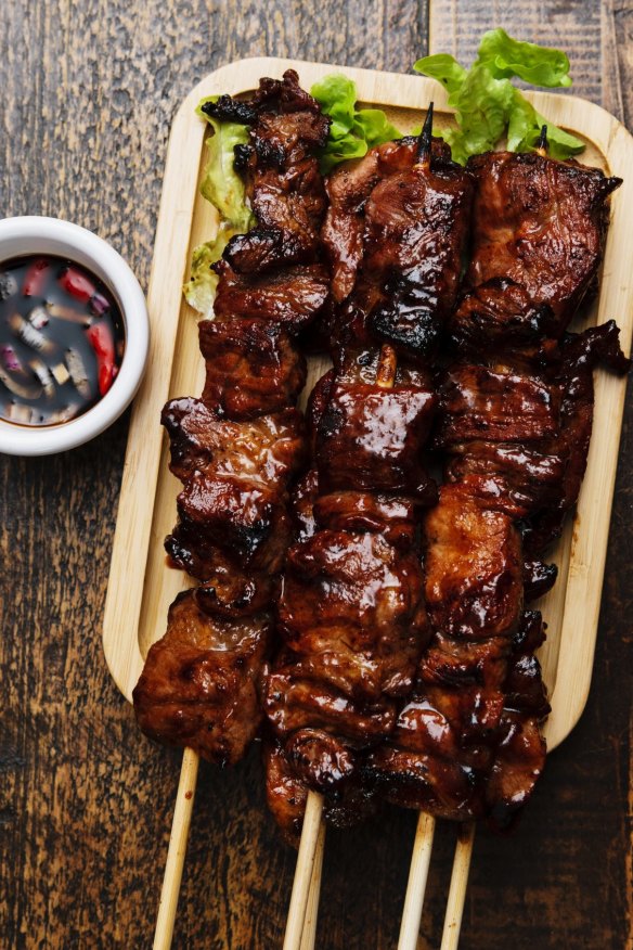 Charcoal pork skewers.