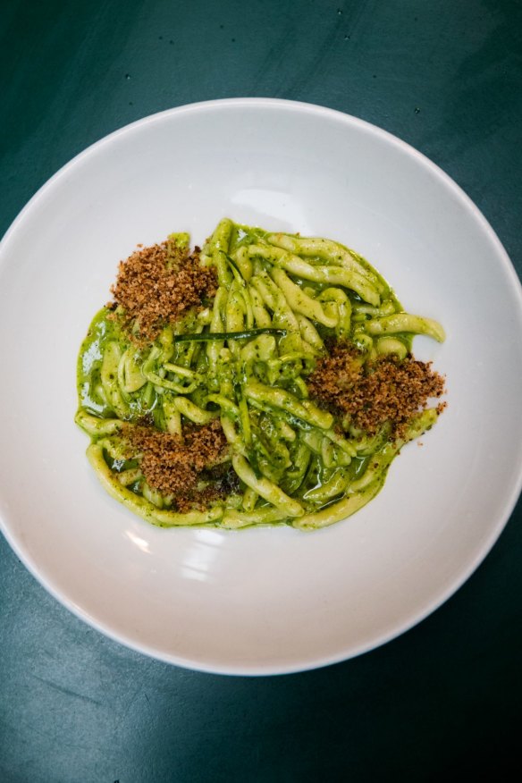 Strozzapreti, pistachio pesto and pangrattato. 