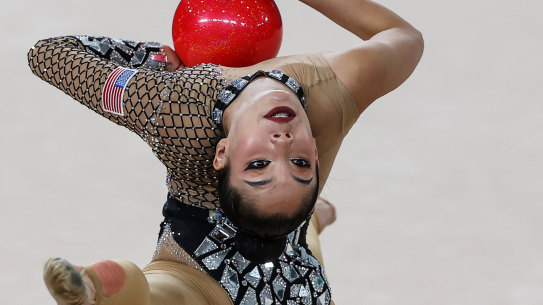 Lili Mizuno of Team USA competes during Gymnastics - Rhythmic Ball at Parque Deportivo Estadio Nacional on Day 12 of Santiago 2023 Pan Am Games in Santiago, Chile.