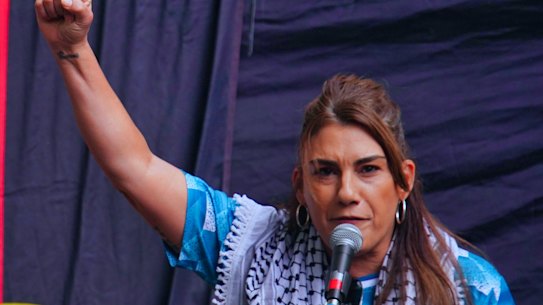 Senator Lydia Thorpe addresses yesterday’s pro-Palestine rally in Melbourne. 