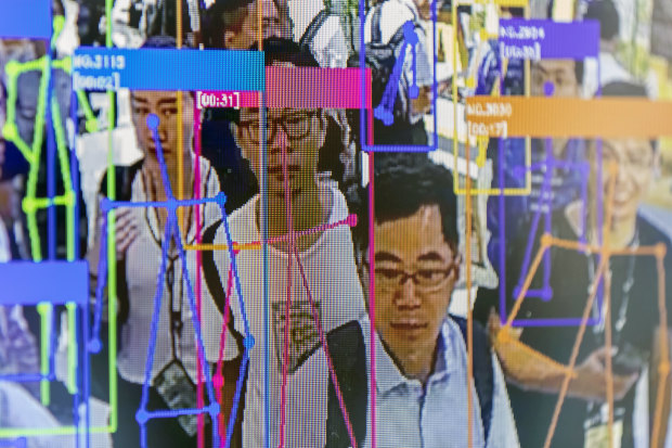 A screen demonstrates facial-recognition technology at the World Artificial Intelligence Conference in Shanghai, China, on Thursday, August 29, 2019. 