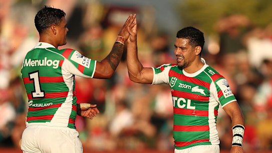 Souths strike weapons Latrell Mitchell and Cody Walker lit up Glen Willow Stadium on Saturday. 