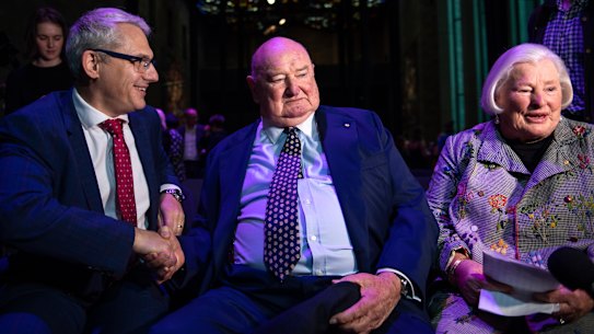 Danny Pearson, minister for creative industries, with Lindsay and Paula Fox on Tuesday.