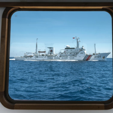 A Chinese coast guard ship near the Scarborough Shoal, a reef in the South China Sea claimed by both China and the Philippines.