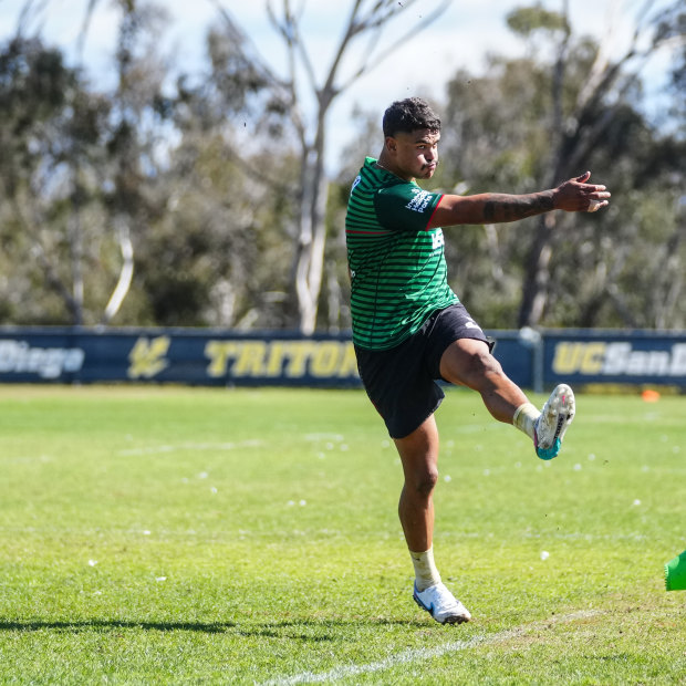 Latrell Mitchell kicking goals at the University of California San Diego.