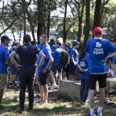 Team Tony volunteers wait to meet their candidate at Manly Dam. 
