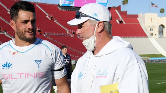 Former Waratah Dave Dennis and incoming NSW coach Darren Coleman in Los Angeles.