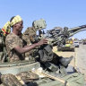 Ethiopian military in an armored personnel carrier, on a road in an area near the border of the Tigray and Amhara regions of Ethiopia. 