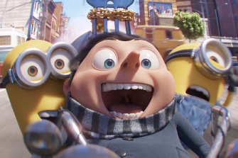 Gru (voiced by Steve Carell), center, with Kevin and Stuart in a scene from Minions: The Rise of Gru.
