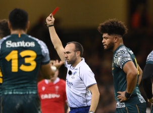 Rob Valetini is sent off by referee Mike Adamson at Principality Stadium in Cardiff.
