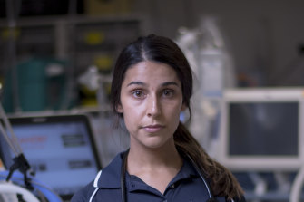 Emma Schroder works in the intensive care unit at the Austin Hospital and had to return to work earlier than planned after having her child after her partner lost work due to the coronavirus lockdown.