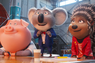 From left: Gunter (voiced by Nick Kroll), Buster Moon (voiced by Matthew McConaughey) and Ash (voiced by Scarlett Johansson) in Sing 2.